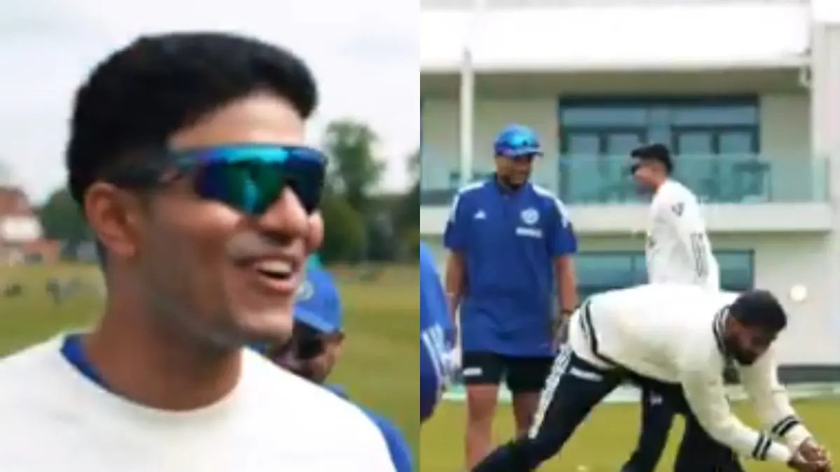 'Thokiyo Boom, Boom': Captain Shubman Gill Pokes Fun at Jasprit Bumrah During India's Fielding Session Ahead of England Tests | WATCH VIDEO Shubman Gill (L), Jasprit Bumrah catching practice (R)