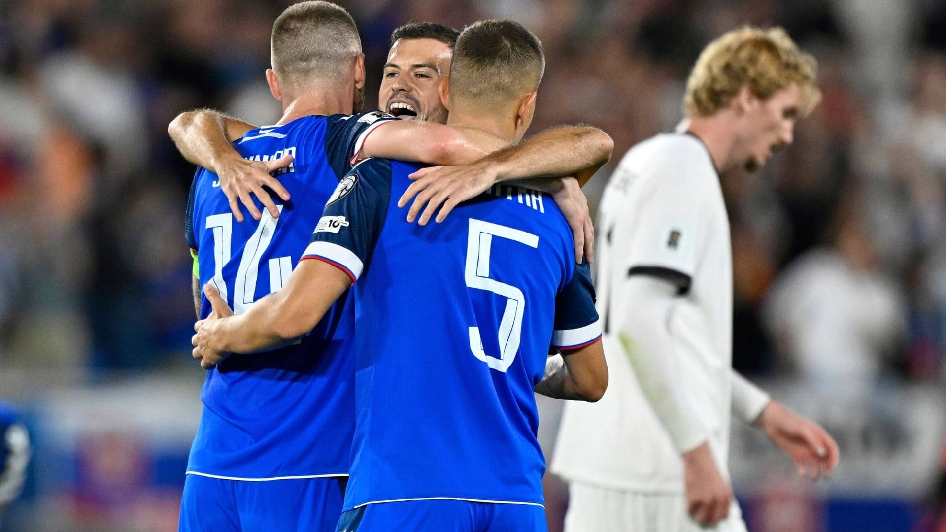 Slovakia celebrate beating Germany 2-0 in a FIFA World Cup 2026 qualifier.