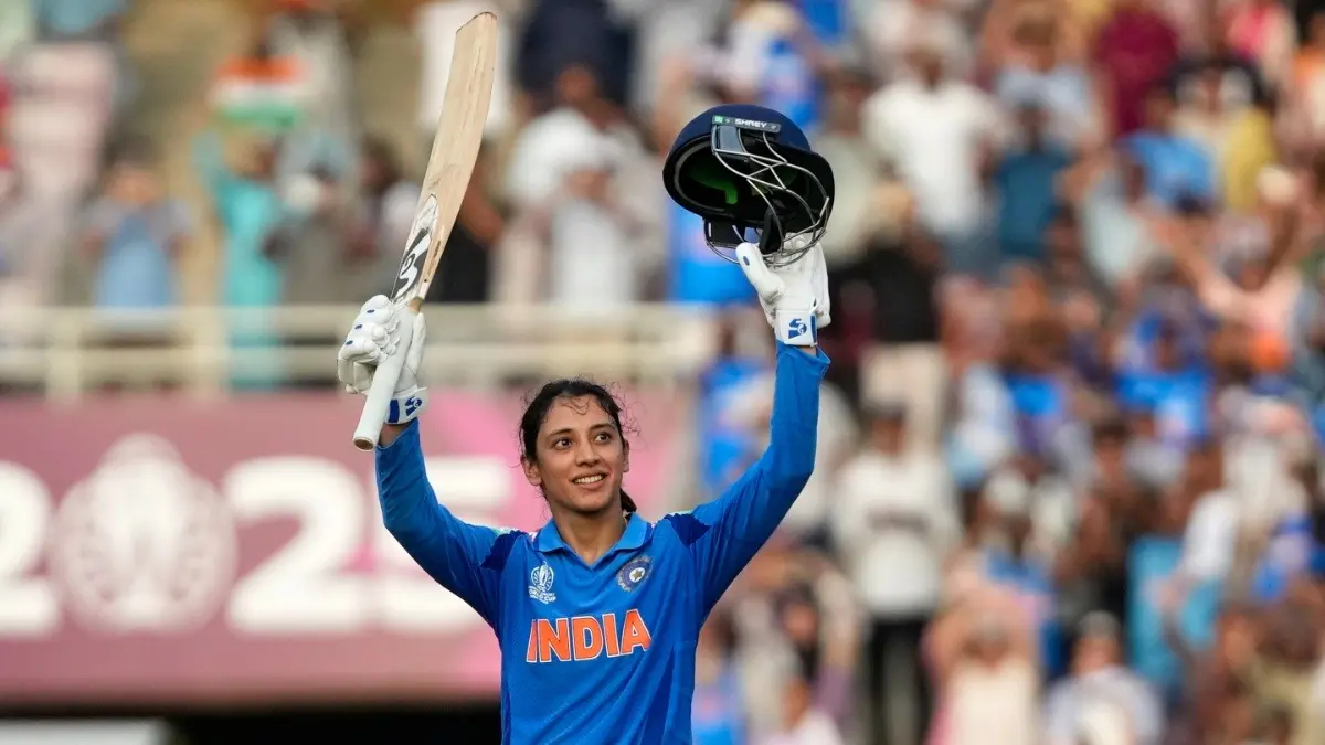 Smriti Mandhana celebrating after scoring her 14th ODI century