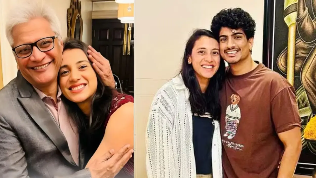 Smriti Mandhana with Father Srinivas and Palash Muchhal