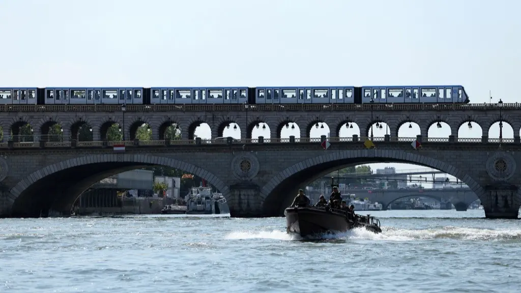 Soldiers patrol on the Seine river, Wednesday, July 17, 2024 in Paris.