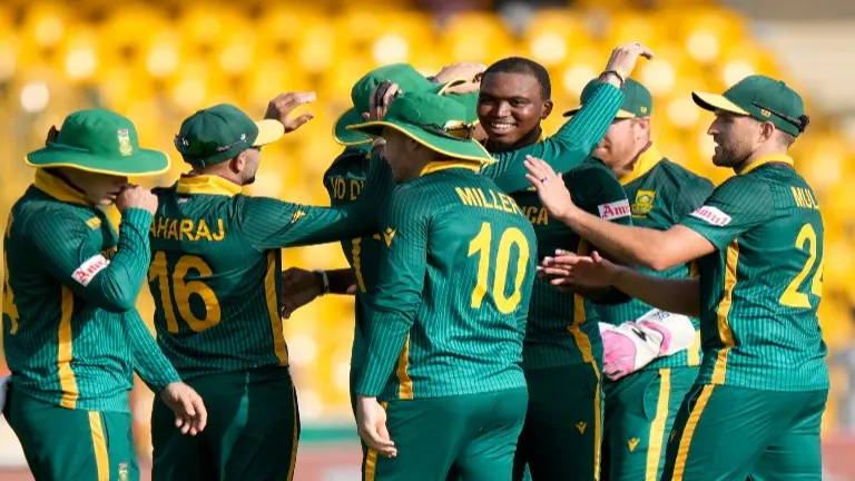 South Africa players celebrate a wicket