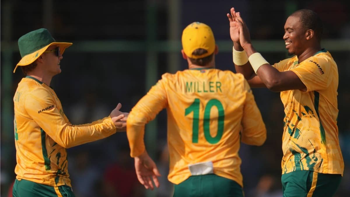 South African players celebrating after taking a wicket against Zimbabwe