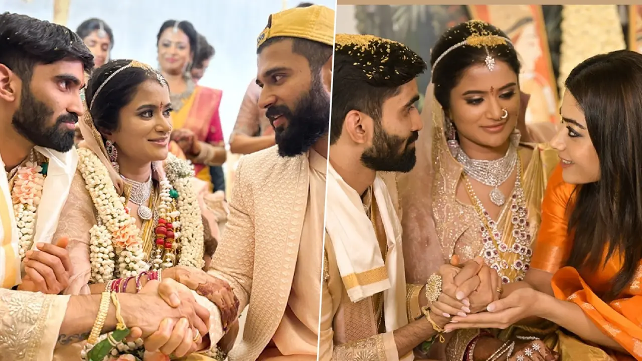 Rashmika Mandanna, Vijay Deverakonda, Keerthy Suresh Light Up Shuttler Srikanth, Shravya's Wedding Srikanth Kidambi married costume designer and stylist Shravya Varma in Hyderabad