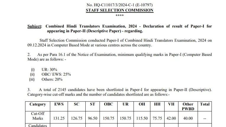 SSC JHT 2024: Result Out for Paper 1 at ssc.gov.in, Direct Link to Check SSC JHT 2024