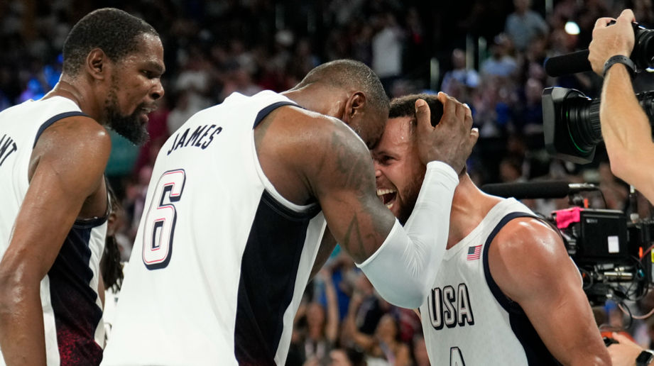 Steph Curry, LeBron James and Kevin Durant celebrate Team USA entering Paris Olympics final