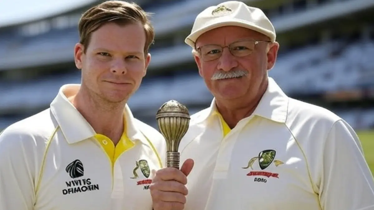 Steve Smith and Don Bradman holding the WTC mace