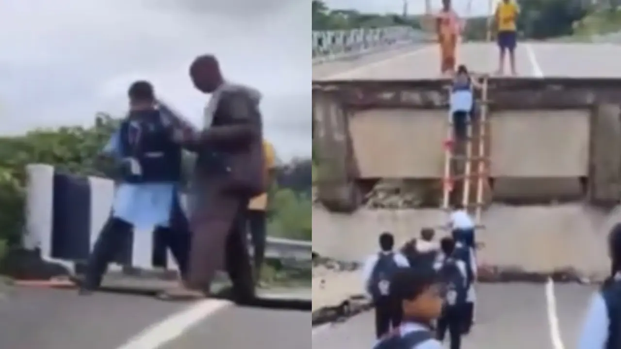 Students crossing collapsed bridge using makeshift bamboo ladder in Jharkhand.