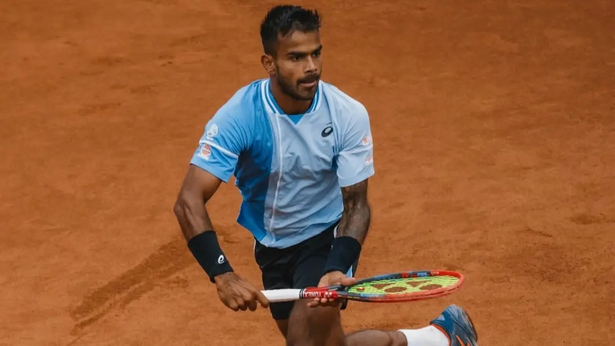 Sumit Nagal plays a game in Trieste, Italy