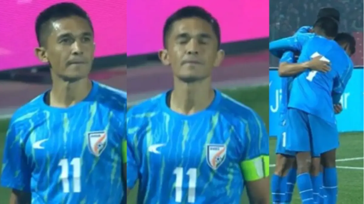 Sunil Chhetri hold back tears after scoring his 95th international goal
