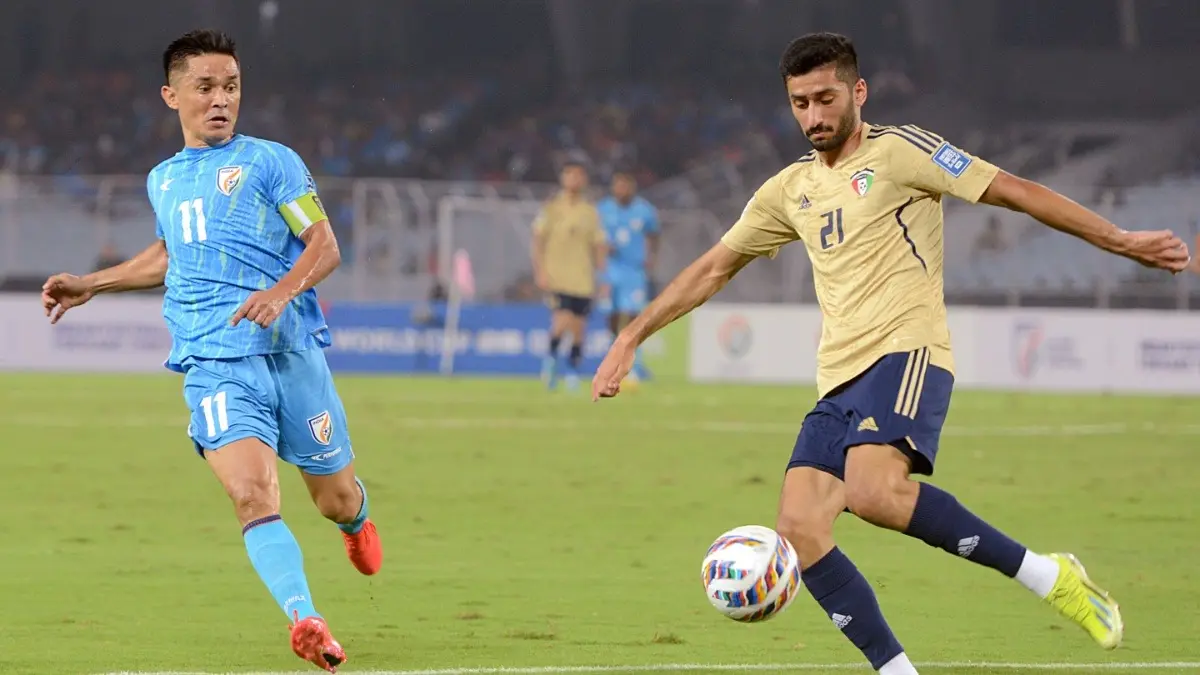 Sunil Chhetri in action during the FIFA World Cup 26' Qualifiers football match against Kuwait