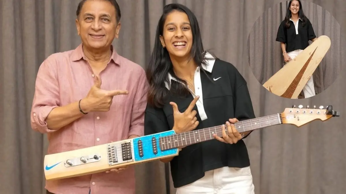 sunil gavaskar gifts jemimah rodrigues bat shaped guitar