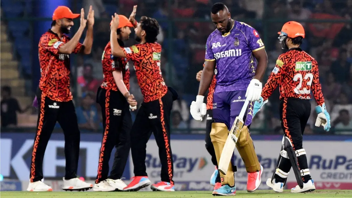 Sunrisers Hyderabad players celebrate Andre Russell's dismissal during SRH vs KKR clash in IPL 2025