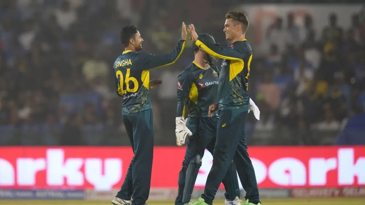 Tanveer Sangha celebrates the fall of Shreyas Iyer's wicket