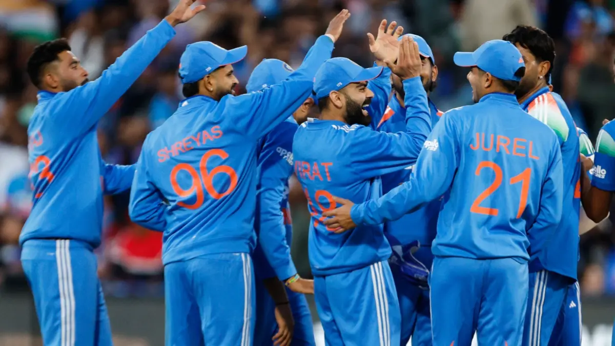 Team India celebrates fall of a wicket in the IND vs AUS ODI series