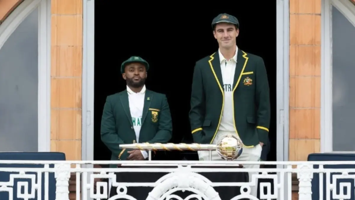 Temba Bavuma and Pat Cummins during photoshoot with WTC mace ahead of 2025 Final