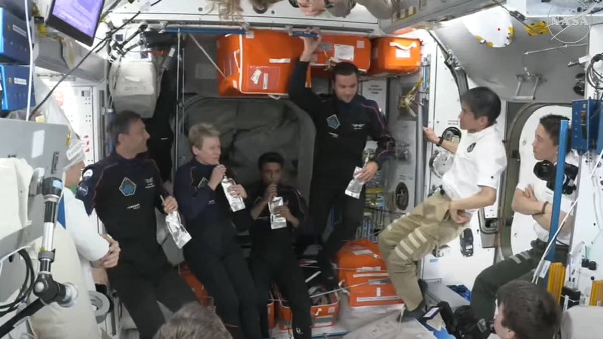 The Axiom-4 crew was welcomed on board the ISS with drinks. 
