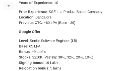 The screenshot showed the individual with 10 years of experience, who graduated from a tier 3 college