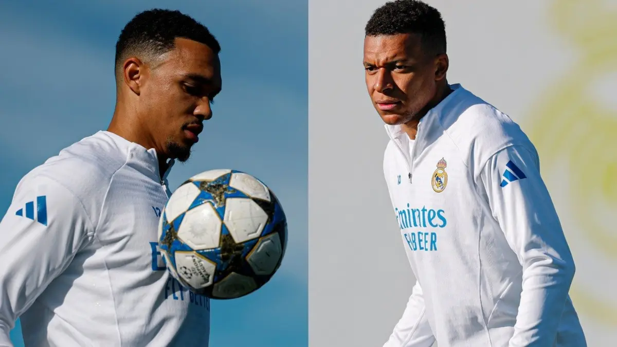 Olympiacos vs Real Madrid Live Streaming: When And Where To Watch UCL Match In India? Trent Alexander-Arnold and Kylian Mbappe during practice session