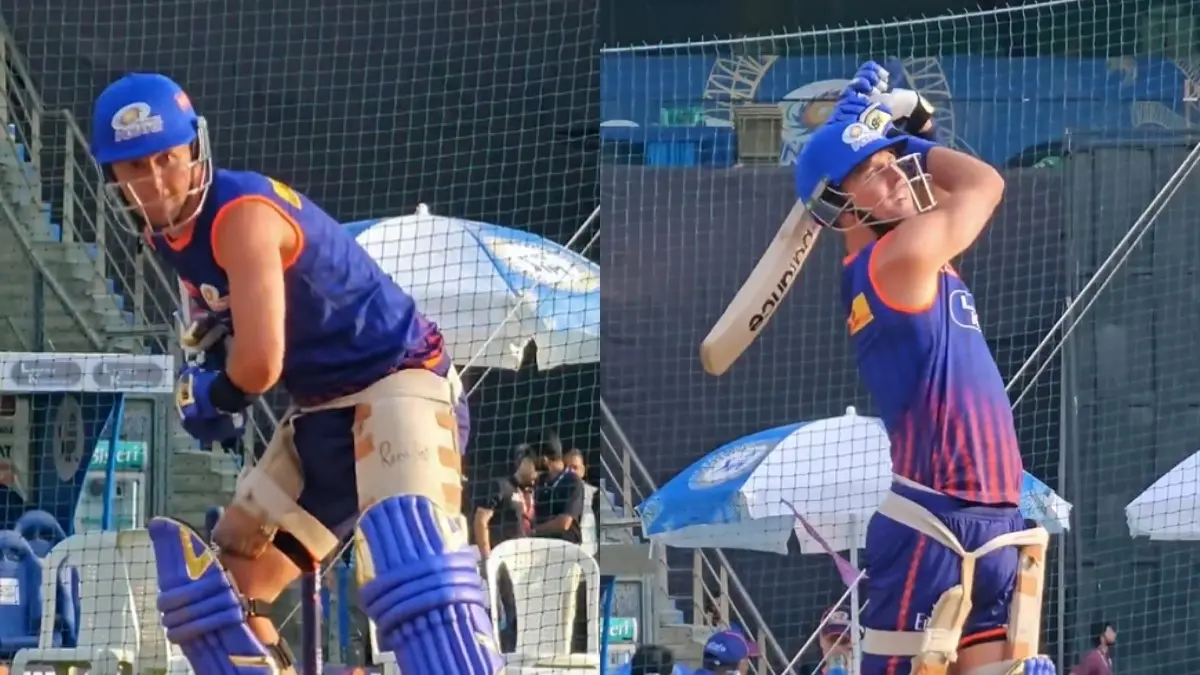 IPL 2025: Pacer Trent Boult Showcases Strong Batting Prowess During MI Training Session, Pulls Off An MS Dhoni-Inspired Shot Trent Boult bats in the nets