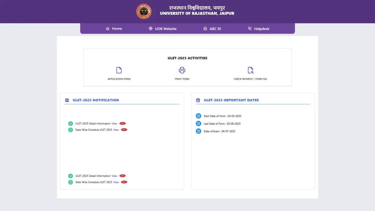 ULET 2025 Registration Begins at admissions.univraj.org, Know How to Apply