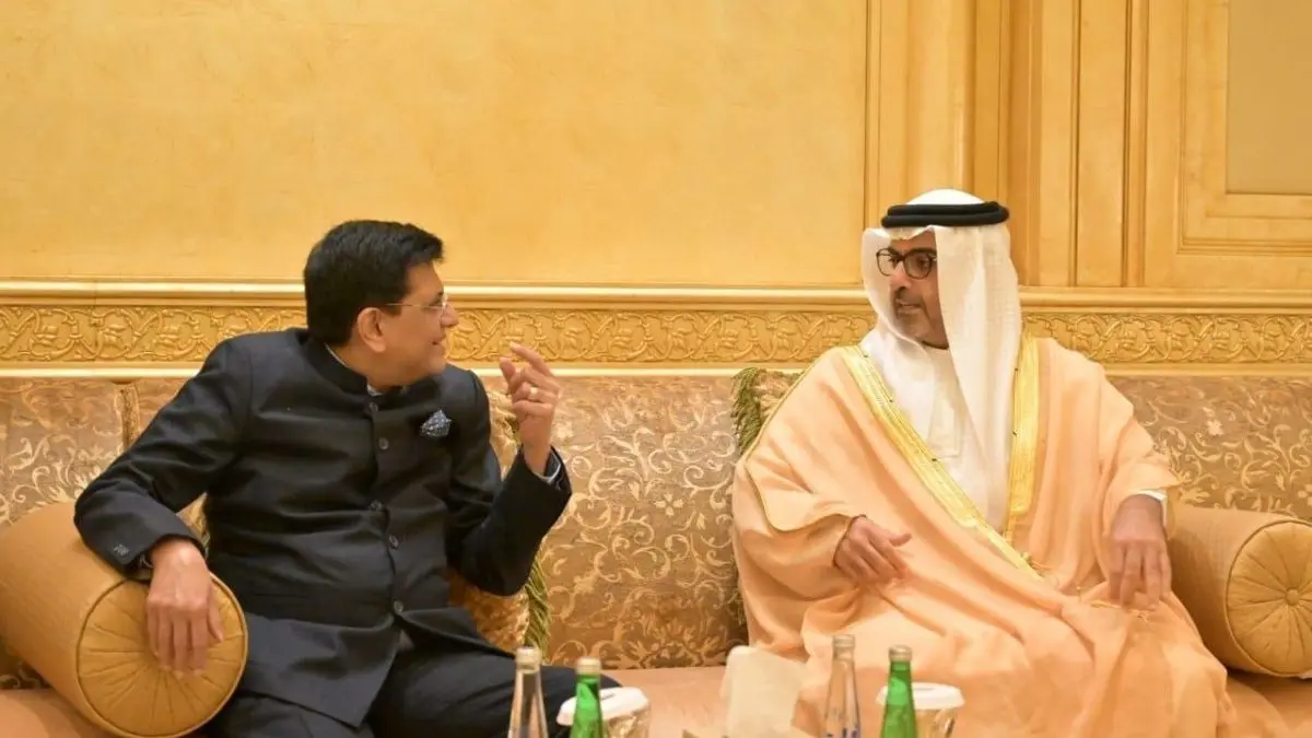Piyush Goyal Singals Stage Set To Deepen Maritime And Space Ties With UAE Union Commerce & Industry Minister Piyush Goyal with Sheikh Hamed Bin Zayed Al Nahyan, Managing Director of Abu Dhabi Investment Authority.