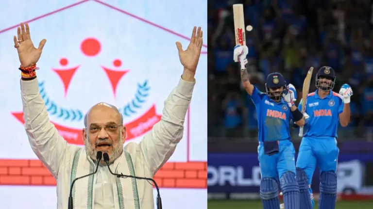Union Home Minister Amit Shah, Virat Kohli and Axar Patel