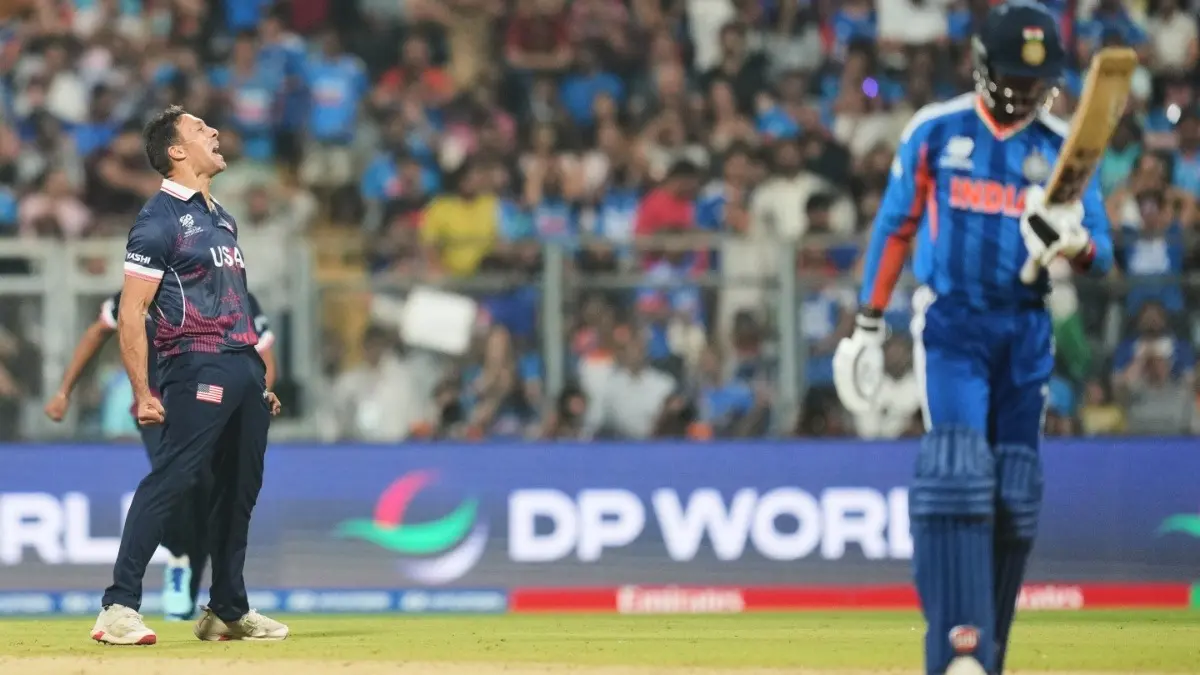 T20 World Cup 2026: India Face Major Setback As USA Capitalize On Men in Blue's Batting Collapse At Wankhede United States' Shadley Van Schalkwyk celebrates the wicket of India's Tilak Varma