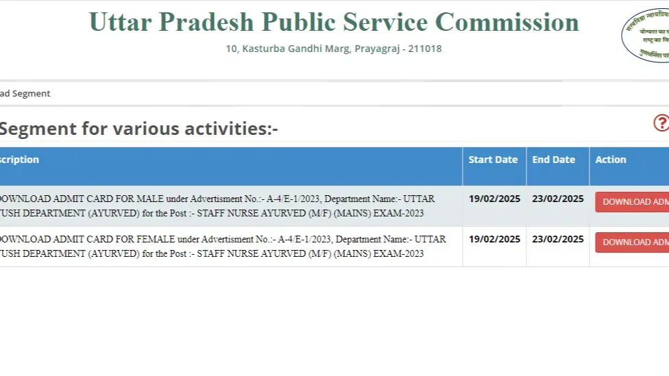 UPPSC Staff Nurse Mains Admit Card 2023, Released at uppsc.up.nic.in, Direct Link to Download Here UPPSC