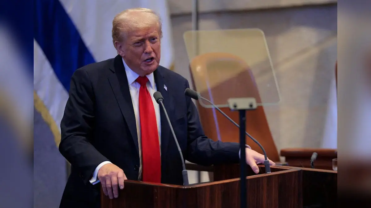 US President Donald Trump addresses the Israeli Parliament Knesset on Monday.
