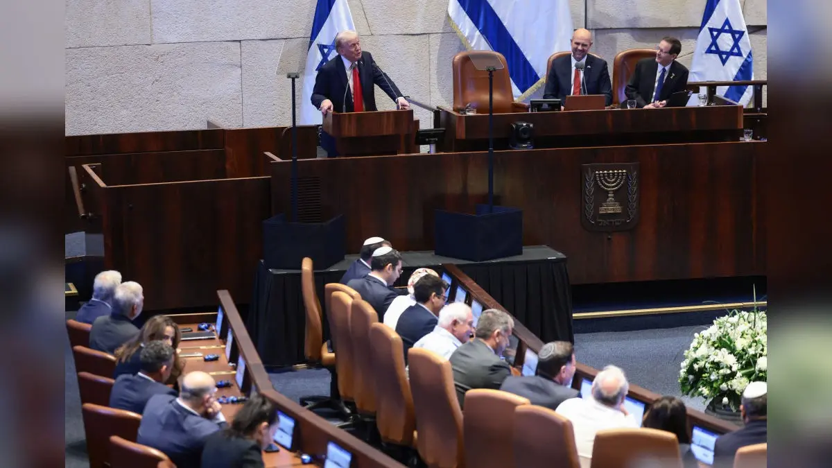 US President Donald Trump addresses the Knesset, Israel's Parliament, in Jerusalem on Monday.