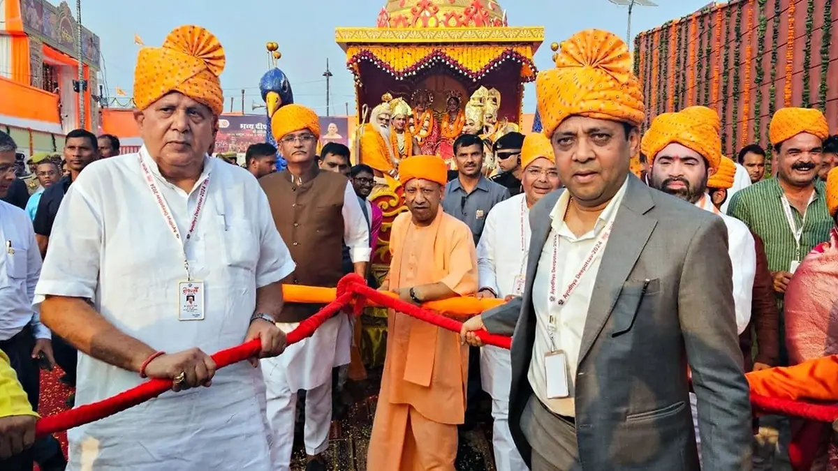 Uttar Pradesh CM greets saints, joins Deepotsav celebrations in Ayodhya; performs aarti, pulls 'Pushpak Vimaan' chariot