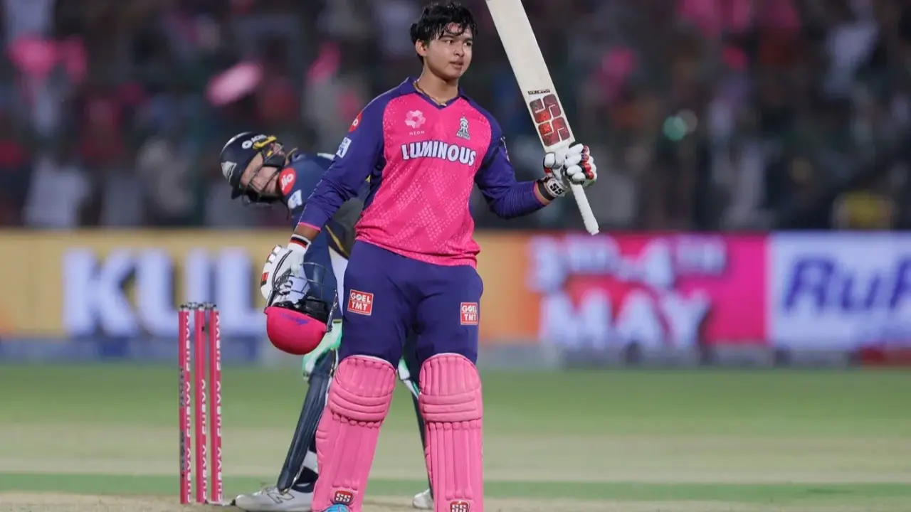 Vaibhav Suryavanshi celebrates his maiden IPL ton