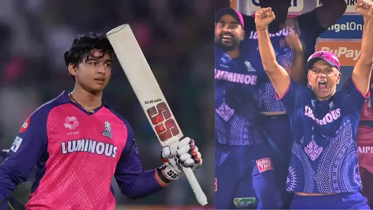 Vaibhav suryavanshi record breaking century Rahul Dravid stand up from wheelchair to clap gt vs rr