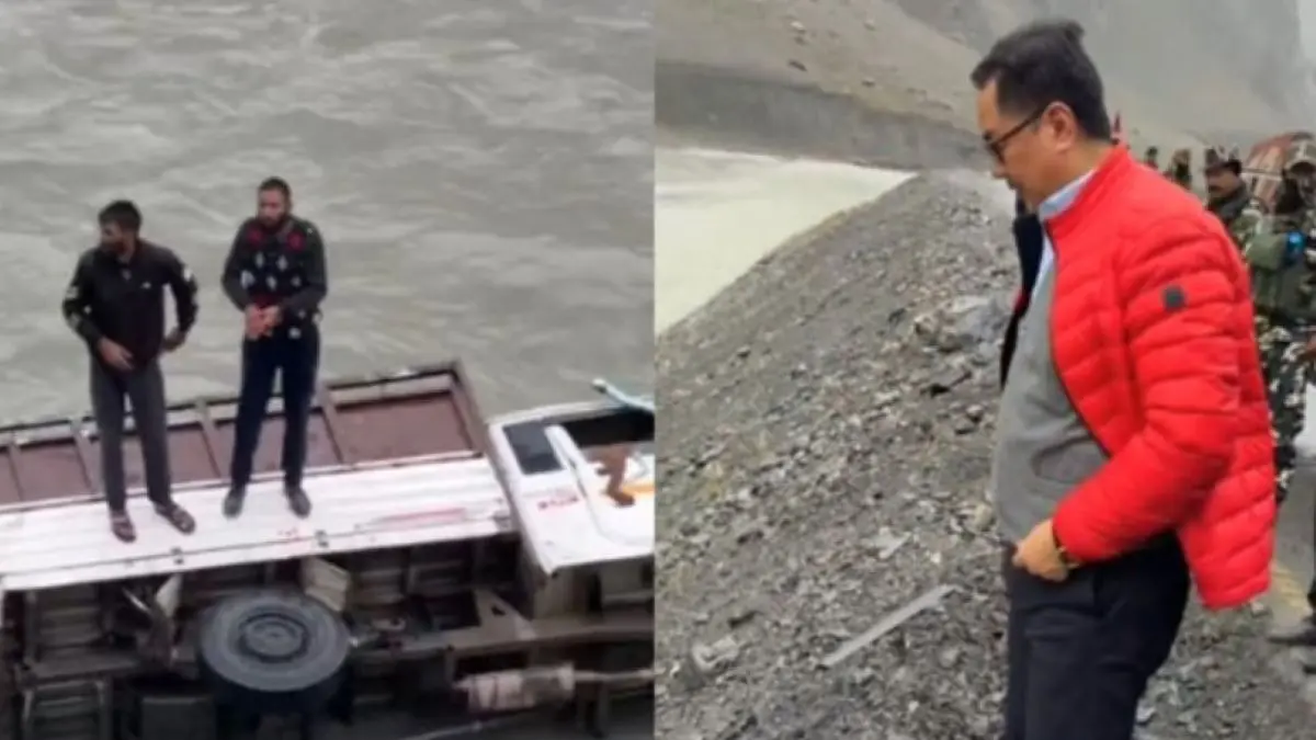 Vehicle Falls into River Ahead of Union Minister Kiren Rijiju's Convoy Near Drass | Watch Vehicle Falls into River Ahead of Union Minister Kiren Rijiju's Convoy Near Drass