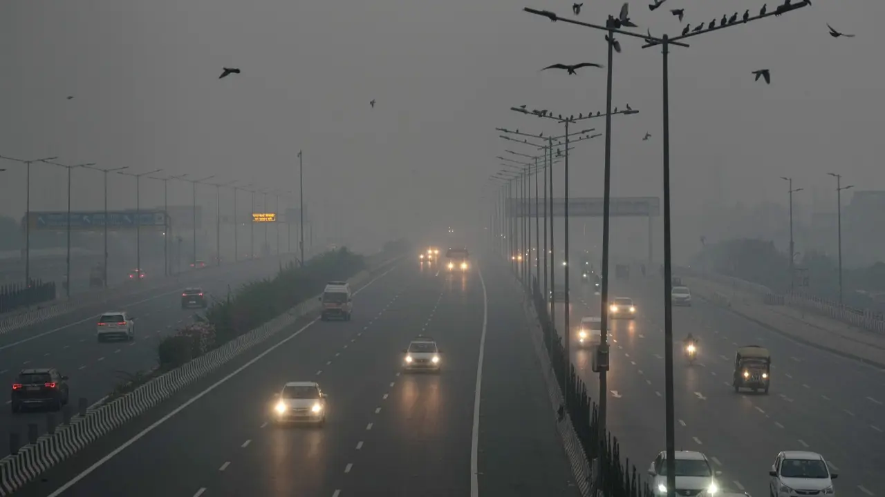 Post-Diwali Toxic Smog Engulfs Delhi-NCR, AQI Dips to 'Severe' Category Vehicles move on a road amid low visibility due to smog, a day after Diwali festival celebrations, in New Delhi, early Friday morning,
