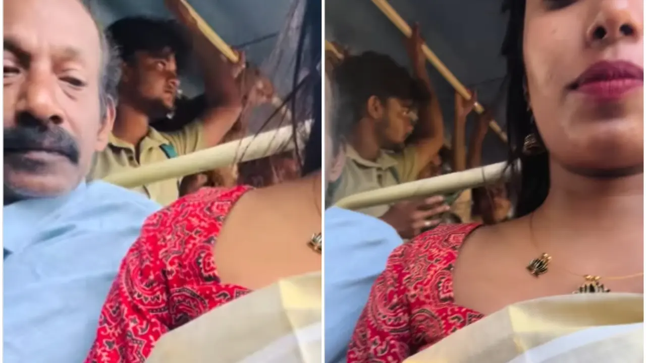 kerala bus shameful incident a man looking at body of woman wearing sari with lustful eyes video viral