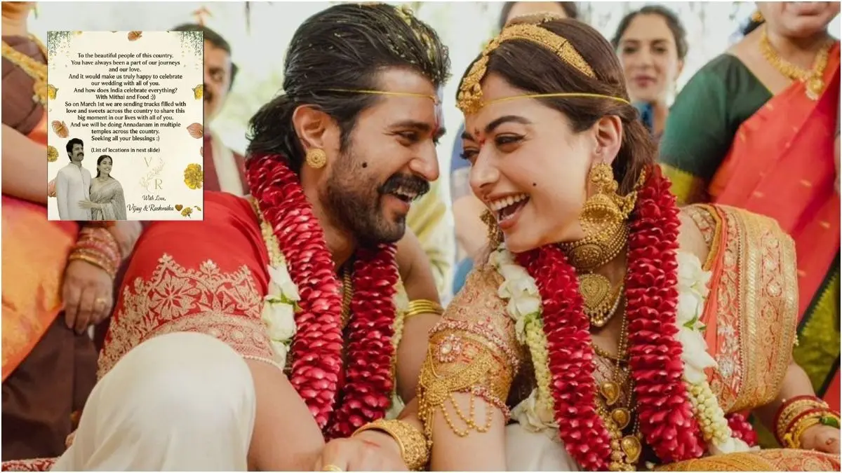 Vijay-Rashmika Wedding: शादी के बाद विजय-रश्मिका का अनोखा सेलिब्रेशन, यूपी से लेकर गुजरात तक बांटी जा रही मिठाई Vijay deverakonda and rashmika mandanna marriage celebration across the country distributing sweets in temples after wedding in Udaipur shared on social media