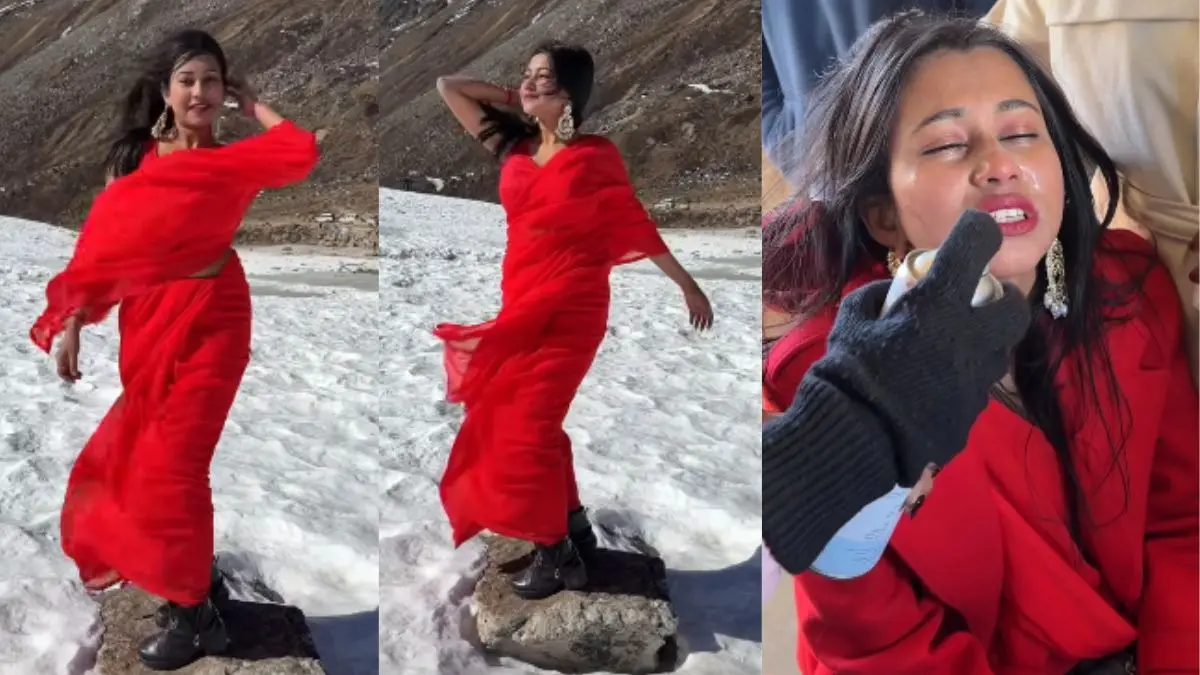 VIDEO: रील की खुमारी जान पर भारी! लाल साड़ी पहनकर लड़की बर्फ में बना रही थी REEL, तभी बिगड़ गई हालत; आगे जो हुआ... Viral Video