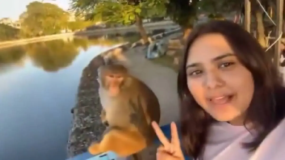 Hey Monkey… कैमरा लेकर लड़की बना रही थी VIDEO, पीछे से बंदर ने मारा झपट्टा, लोग बोले- आ गया स्वाद Viral Video of monkey attacking a girl
