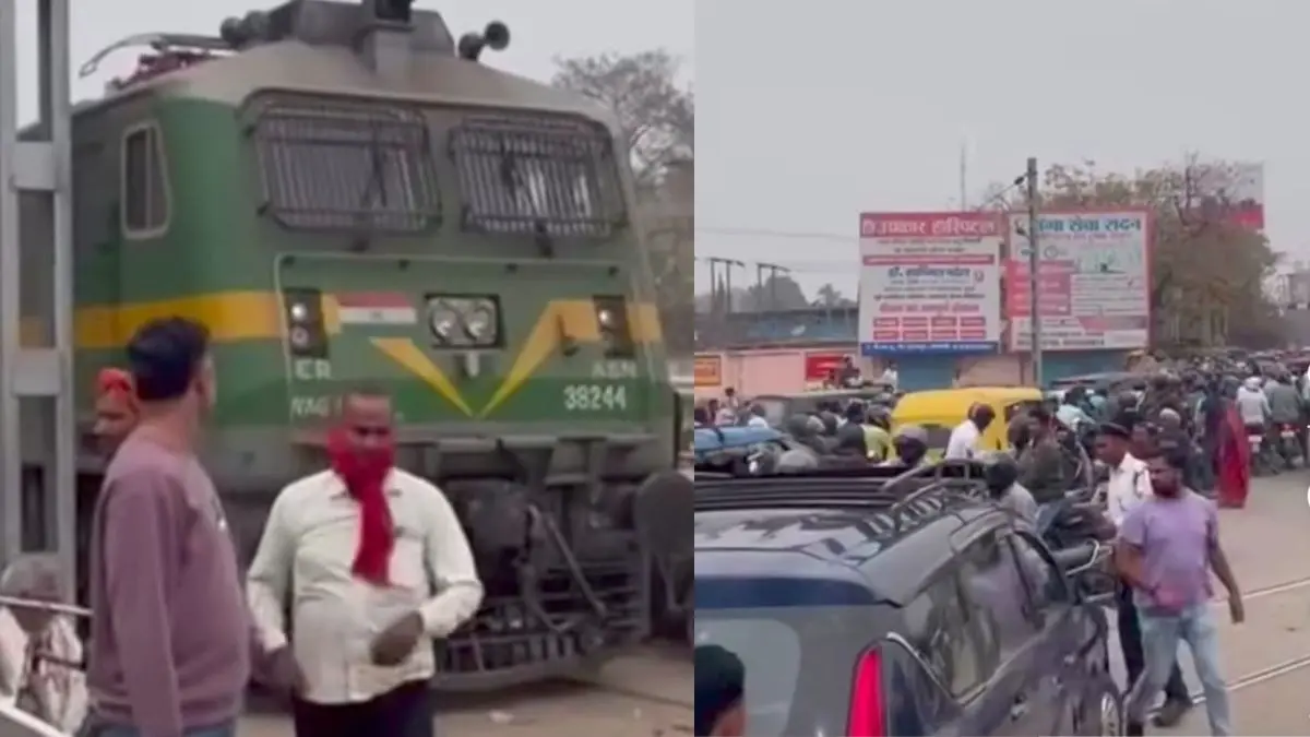 Viral Video Shows Bizarre Scene: Train Stuck in Varanasi Traffic, Internet Reacts | Watch Viral video Shows Train Stuck In Banaras