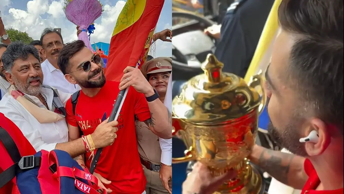 virat kohli and rcb team reaches bengaluru grand celebration in m chinnaswamy stadium anushka sharma shares video