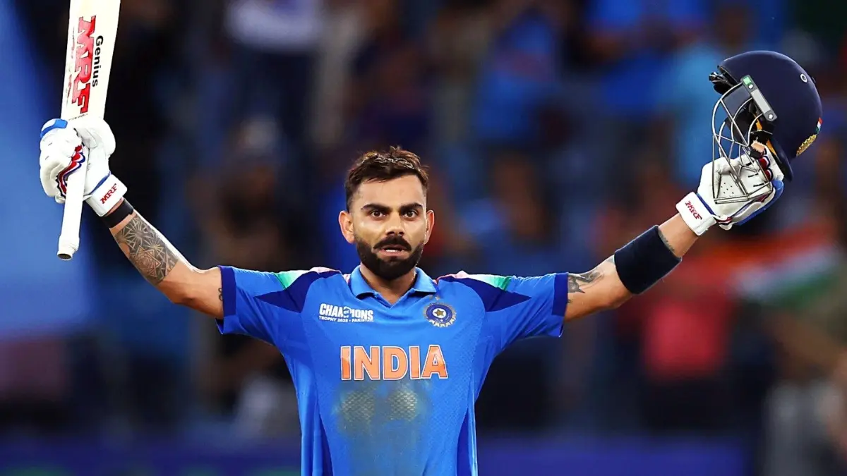 Virat Kohli celebrating after scoring a century at the Champions Trophy 2025