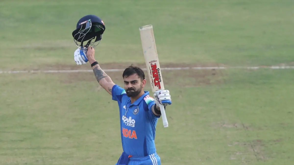 Virat Kohli celebrating his century against South Africa in Raipur