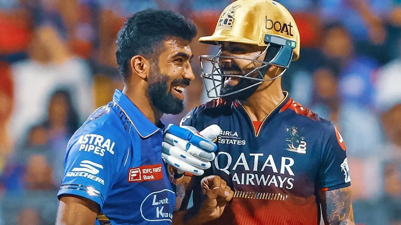 Virat Kohli hits six on jasprit bumrah first ball then collide funny video rcb vs mi