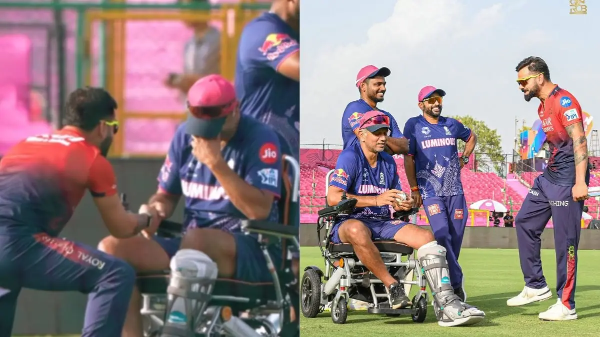 Virat Kohli Knee down after looking Rahul Dravid on wheelchair emotional video went viral