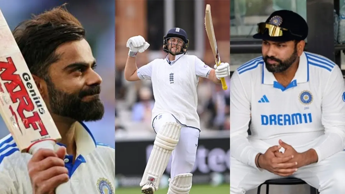 'Cricket is Poorer Without Them': Joe Root Breaks Silence on Virat Kohli, Rohit Sharma's Test Retirement Virat Kohli (L), Joe Root (C), Rohit Sharma (R)