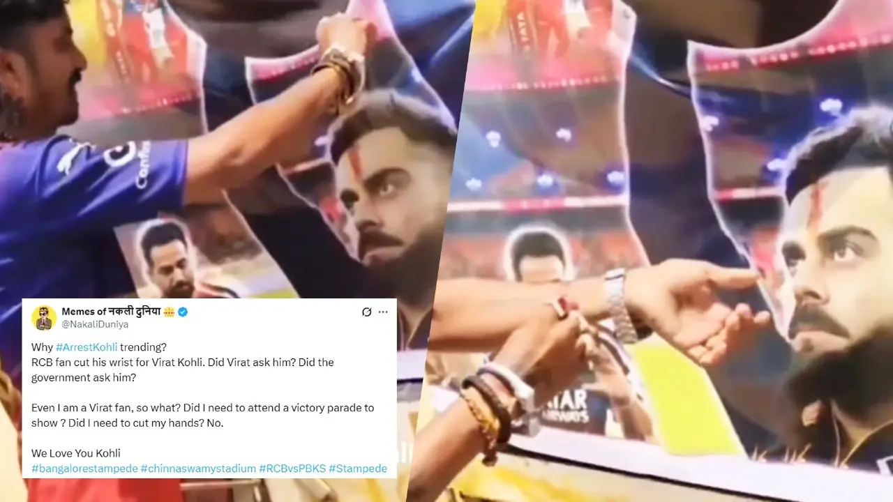 Disturbing Video Shows RCB Fan Cuts Wrist For Virat Kohli, Applies Blood Tilak On His Poster As #ArrestKohli Trends After Bengaluru Stampede Virat Kohli's fan cuts wrist for the cricketer.