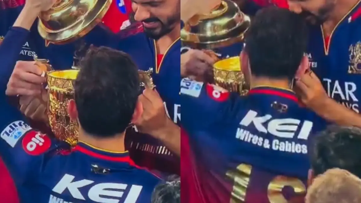 Virat Kohli Checking What's Inside The IPL Trophy Like a Kid After RCB Clinch Maiden Title With Win Over PBKS; Watch Viral Video Virat Kohli with the IPL trophy