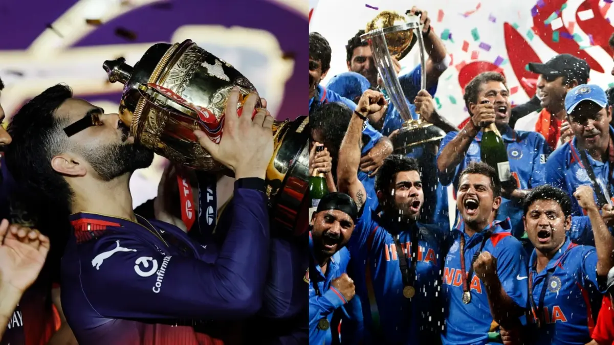 'Never Lost Hope': Virender Sehwag Gives Reality Check To Virat Kohli's Fans Comparing RCB's Maiden IPL Title To Sachin Tendulkar's ODI WC Win Virat Kohli with the IPL Trophy and India celebrate Team India's ODI WC in 2011